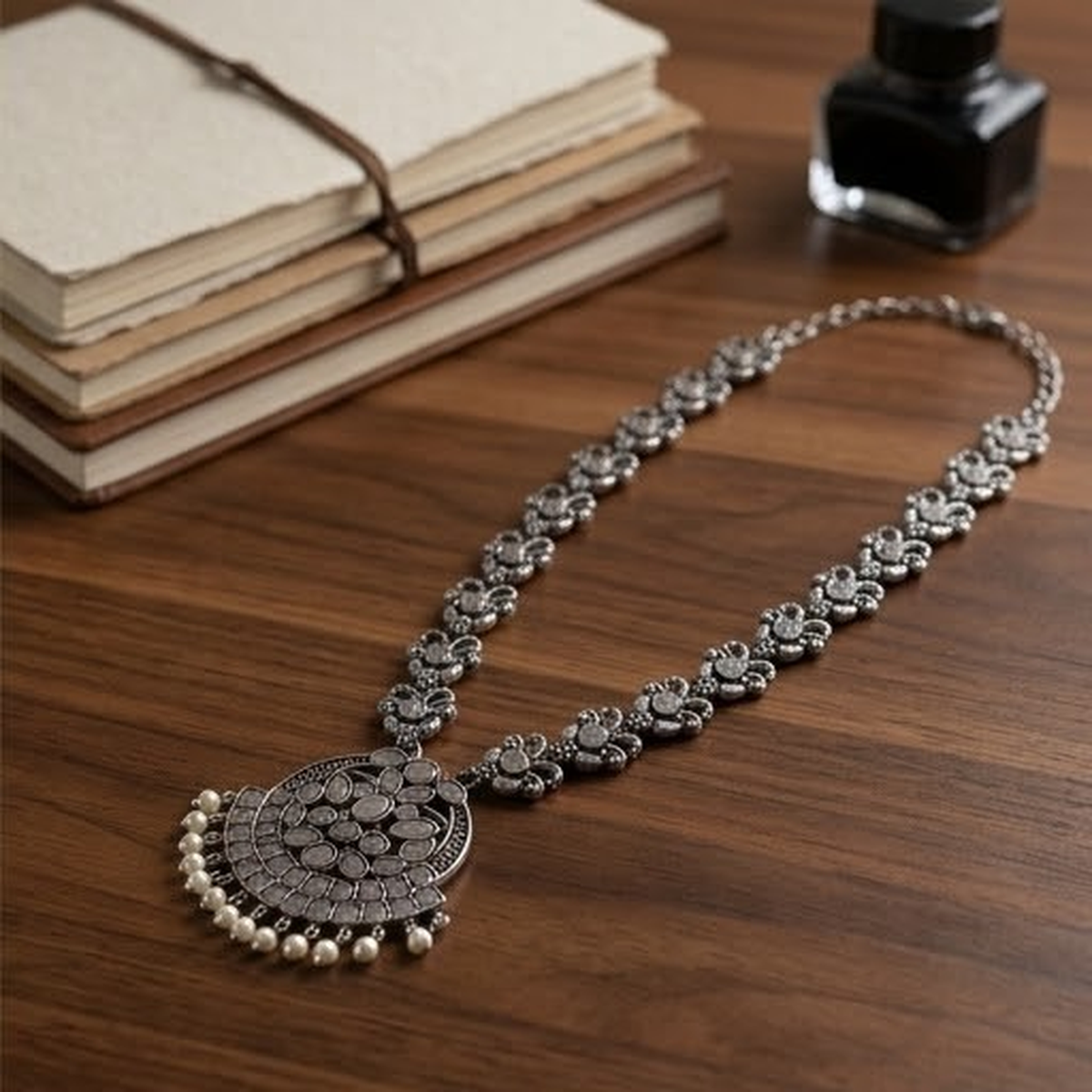 DIVYORO DELICATE OXIDIZED SILVER NECKLACE WITH FLORAL MOTIF AND DROP PENDANT