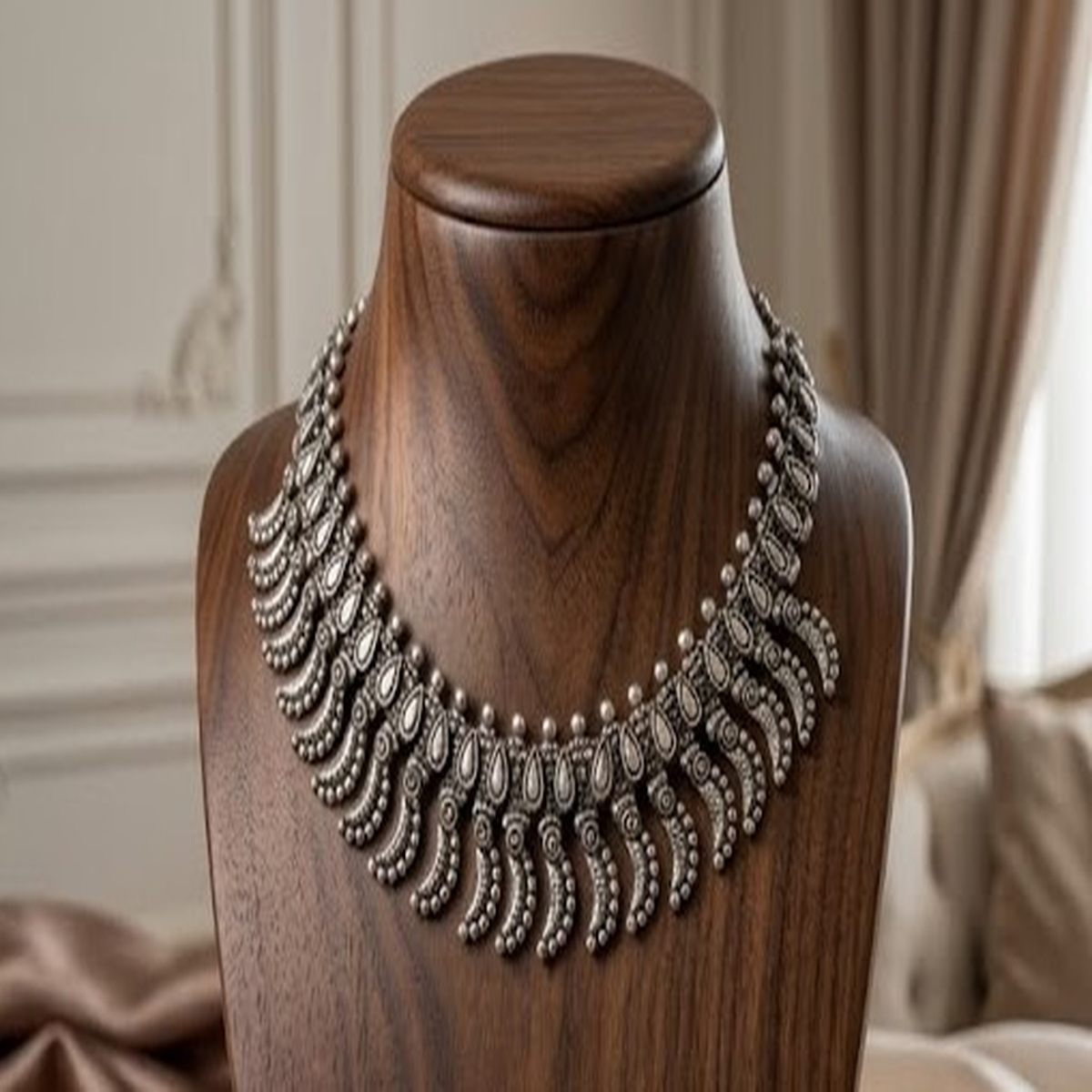 DIVYORO TRADITIONAL OXIDIZED SILVER CURVED FEATHER-LINK NECKLACE