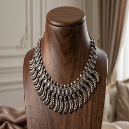 DIVYORO TRADITIONAL OXIDIZED SILVER CURVED FEATHER-LINK NECKLACE