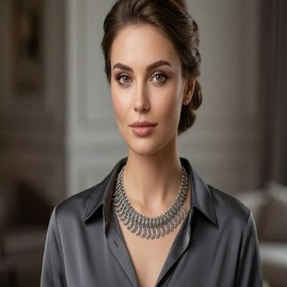 DIVYORO TRADITIONAL OXIDIZED SILVER CURVED FEATHER-LINK NECKLACE