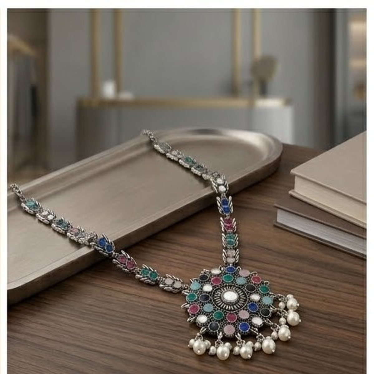 DIVYORO CIRCULAR MEDALLION OXIDIZED NECKLACE WITH MULTI-COLOR STONES AND PEARLS