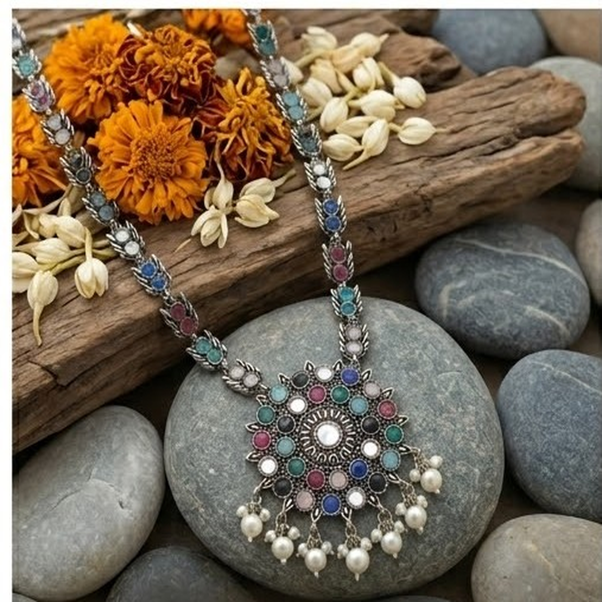 DIVYORO CIRCULAR MEDALLION OXIDIZED NECKLACE WITH MULTI-COLOR STONES AND PEARLS
