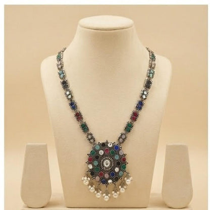 DIVYORO CIRCULAR MEDALLION OXIDIZED NECKLACE WITH MULTI-COLOR STONES AND PEARLS