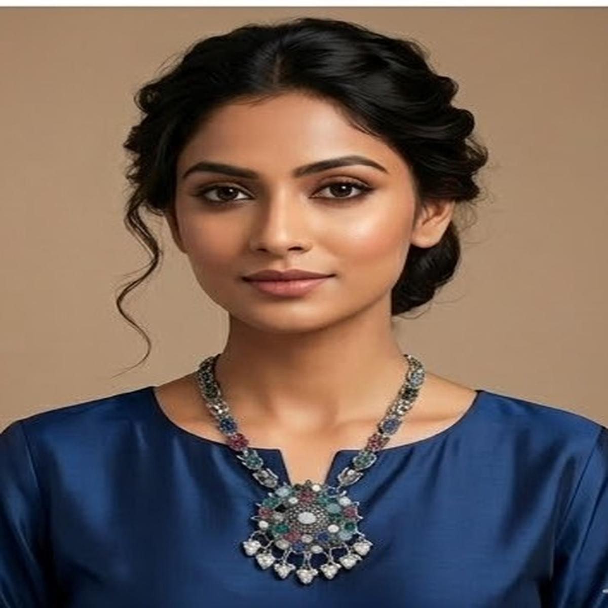 DIVYORO CIRCULAR MEDALLION OXIDIZED NECKLACE WITH MULTI-COLOR STONES AND PEARLS