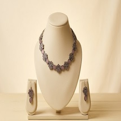 DIVYORO FLORAL PASTEL PINK OXIDIZED SILVER CHOKER SET