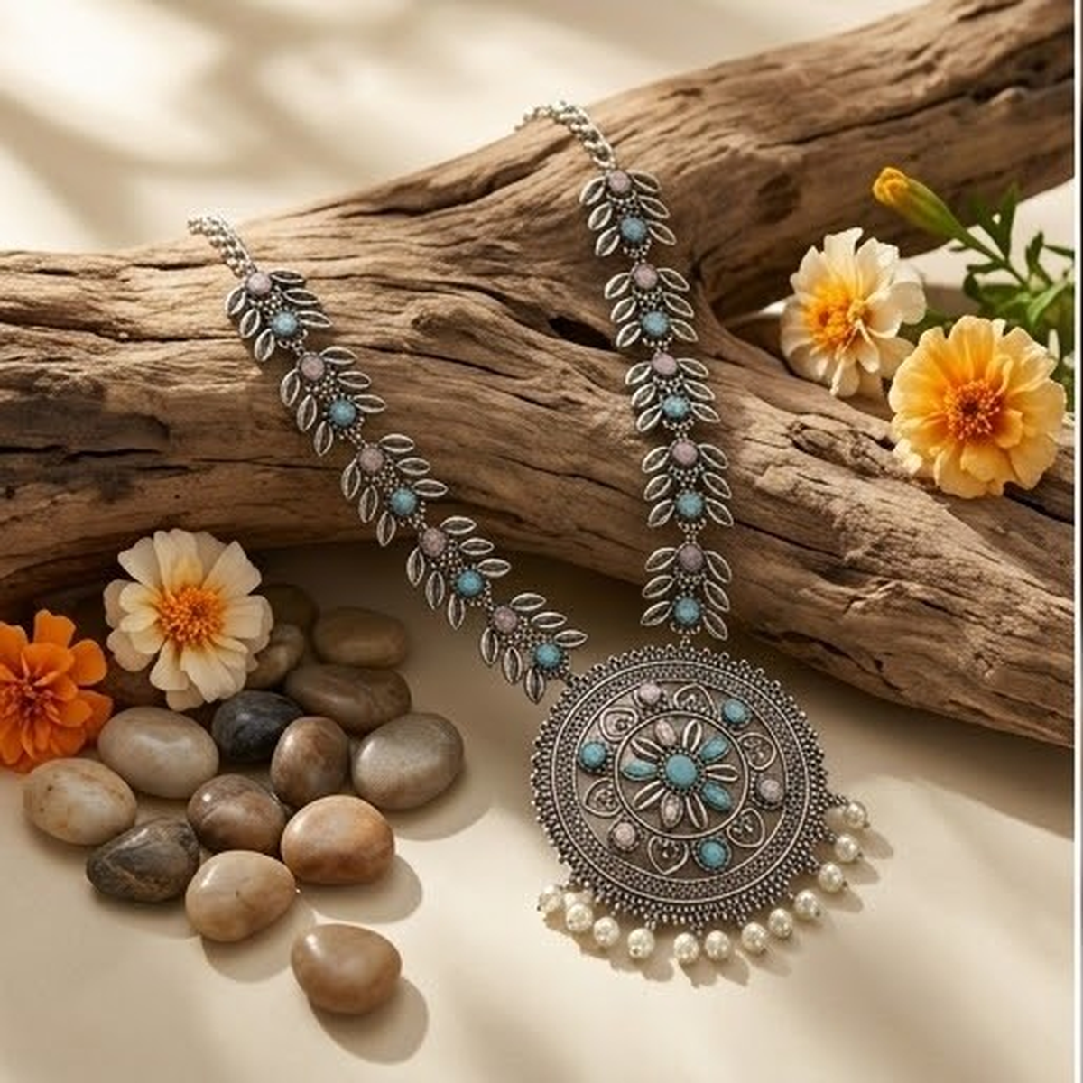 DIVYORO ANTIQUE SILVER FLORAL PENDANT NECKLACE WITH PASTEL STONE ACCENTS