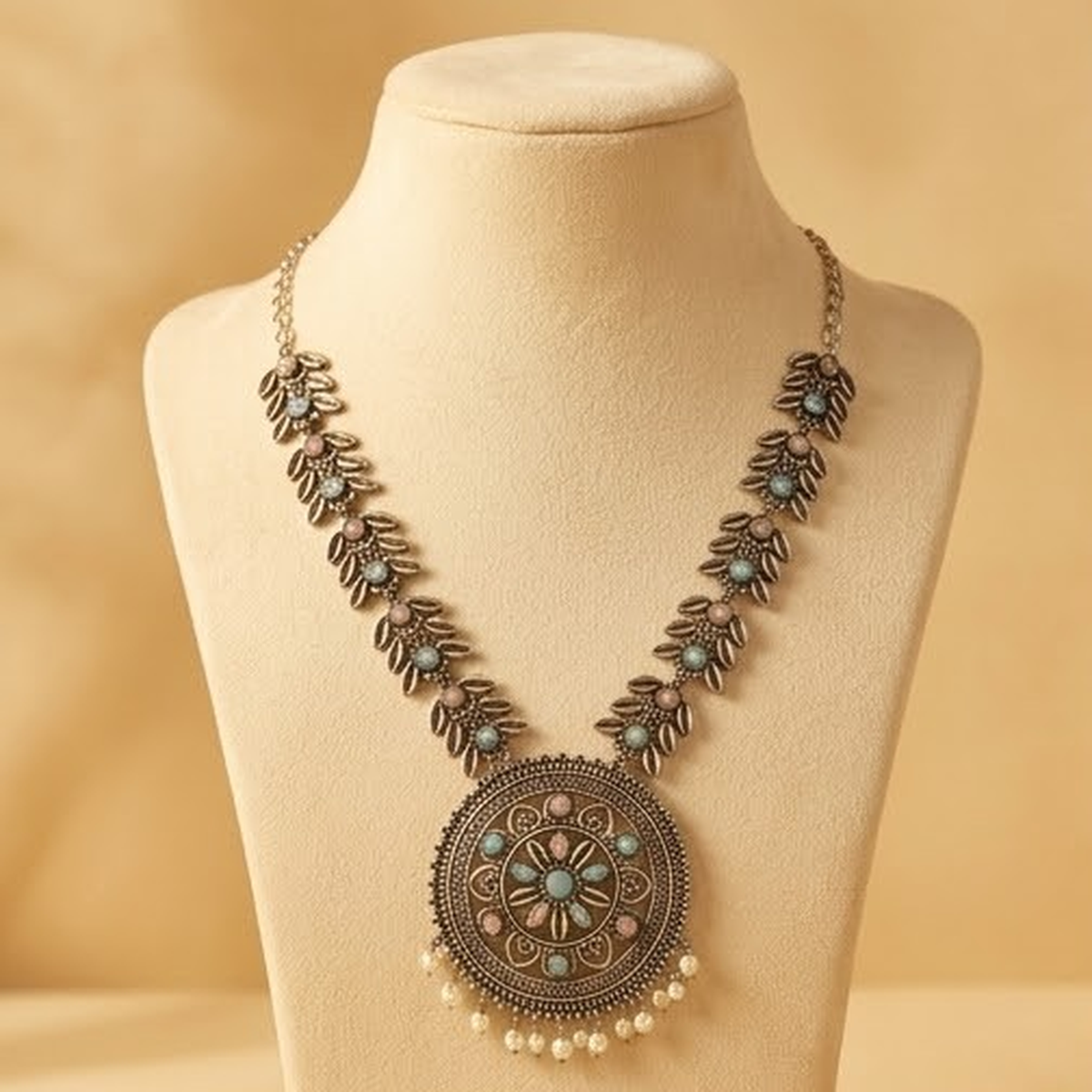 DIVYORO ANTIQUE SILVER FLORAL PENDANT NECKLACE WITH PASTEL STONE ACCENTS