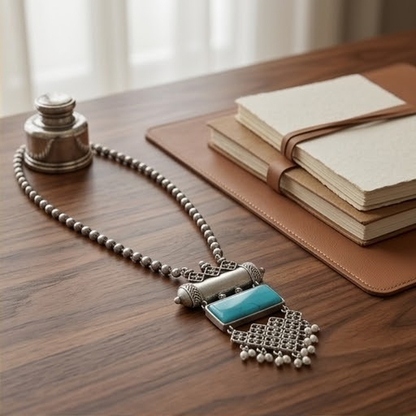 DIVYORO CLASSIC TURQUOISE RECTANGULAR PENDANT OXIDIZED NECKLACE WITH PEARL DETAILING