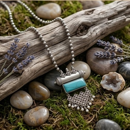 DIVYORO CLASSIC TURQUOISE RECTANGULAR PENDANT OXIDIZED NECKLACE WITH PEARL DETAILING