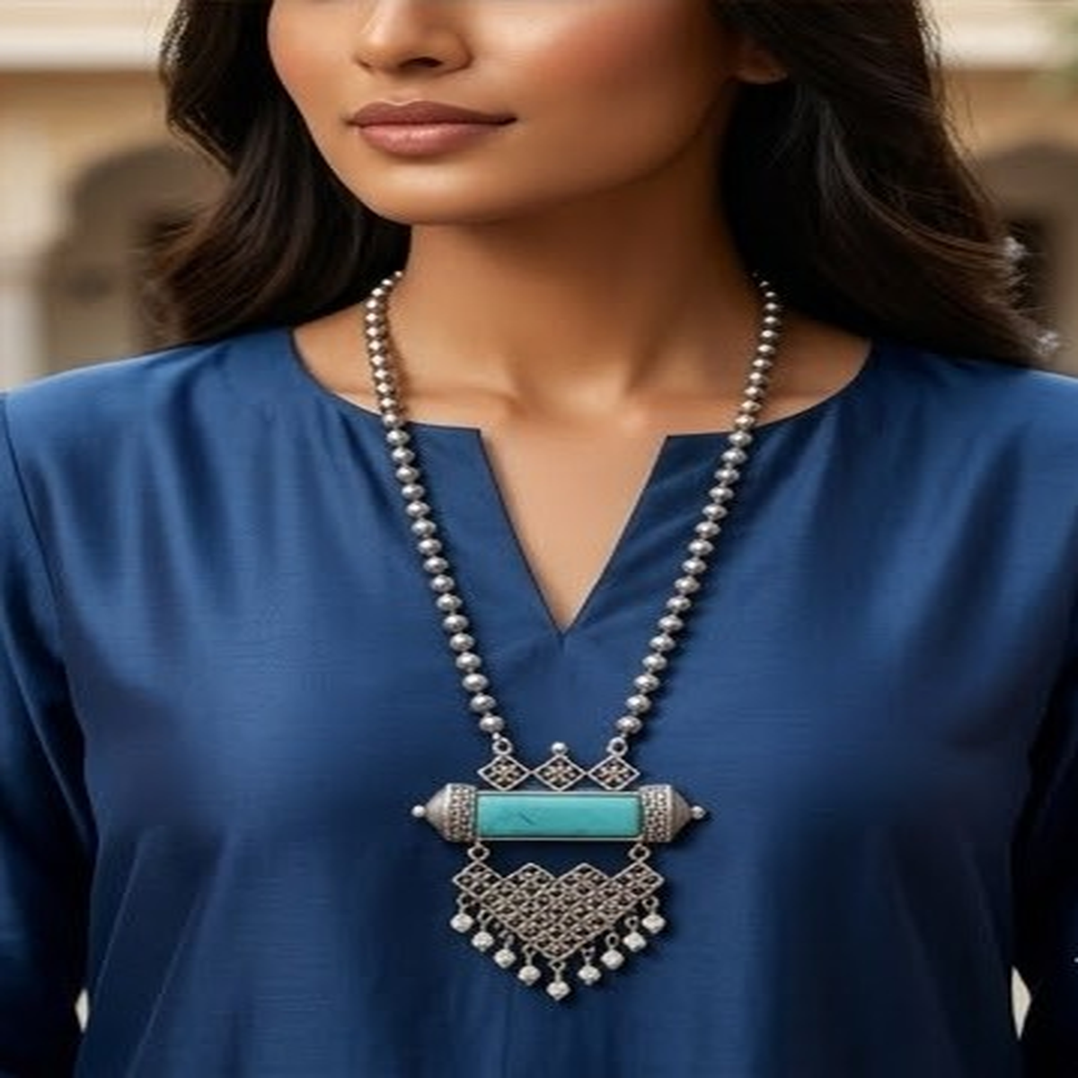 DIVYORO CLASSIC TURQUOISE RECTANGULAR PENDANT OXIDIZED NECKLACE WITH PEARL DETAILING