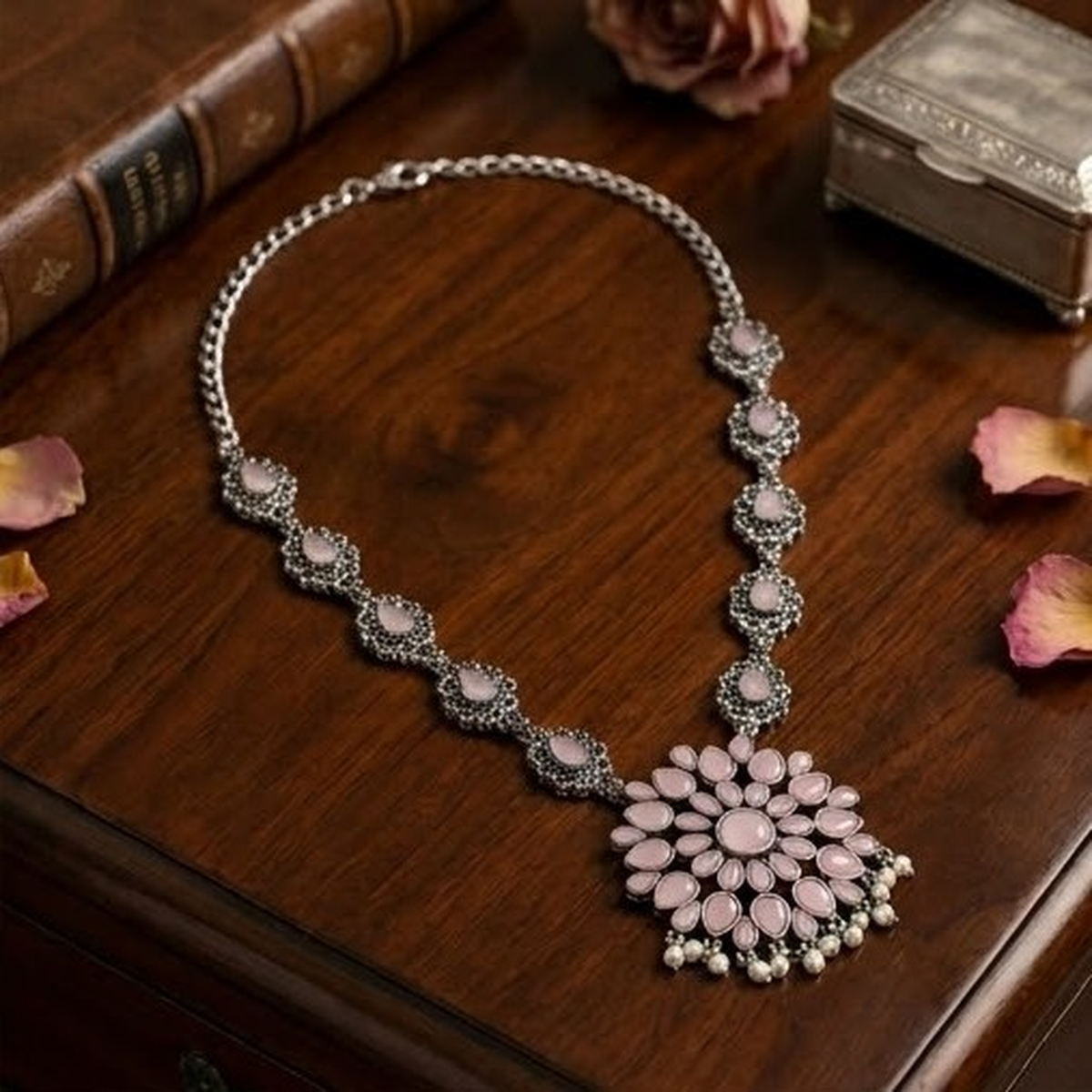 DIVYORO PETAL MOTIF BLUSH STONE OXIDIZED SILVER NECKLACE
