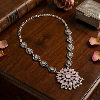 DIVYORO PETAL MOTIF BLUSH STONE OXIDIZED SILVER NECKLACE