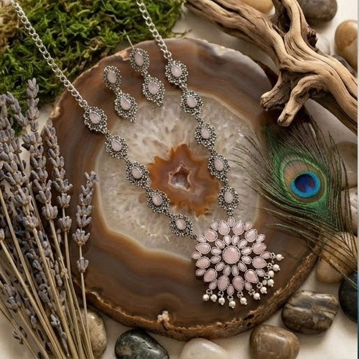 DIVYORO PETAL MOTIF BLUSH STONE OXIDIZED SILVER NECKLACE
