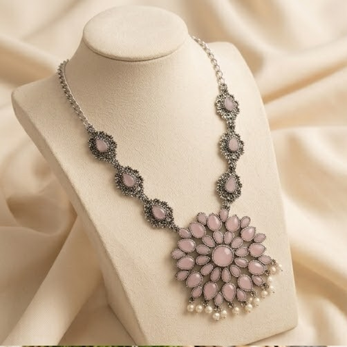 DIVYORO PETAL MOTIF BLUSH STONE OXIDIZED SILVER NECKLACE