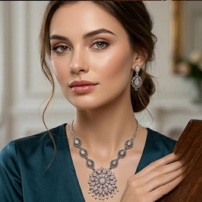 DIVYORO PETAL MOTIF BLUSH STONE OXIDIZED SILVER NECKLACE