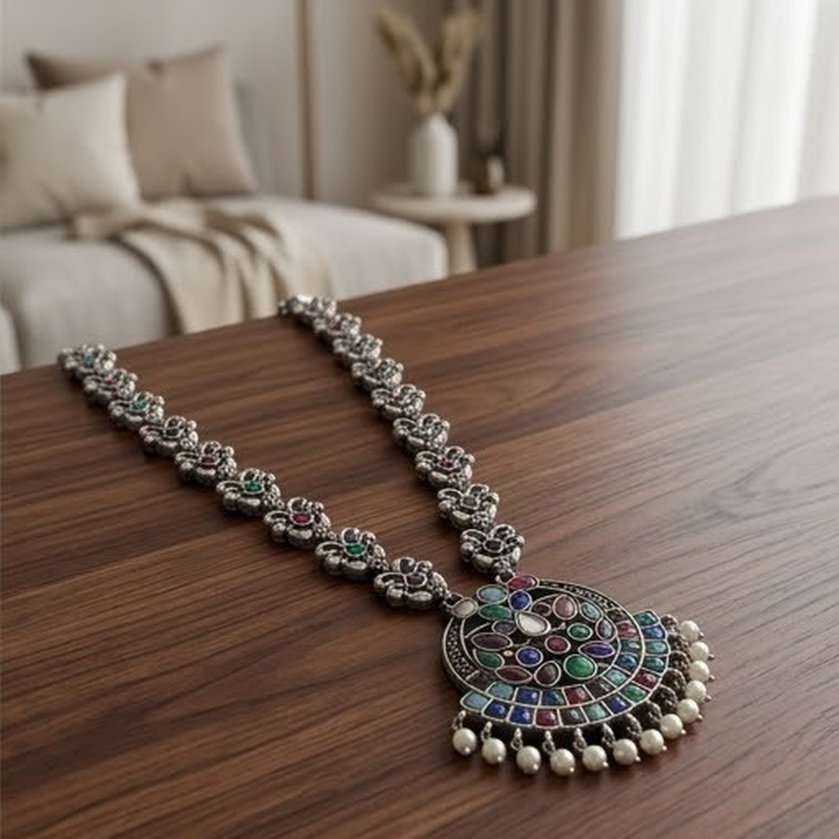 DIVYORO MULTI-COLORED GEMSTONE CIRCULAR PENDANT OXIDIZED SILVER NECKLACE