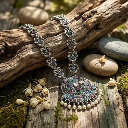 DIVYORO MULTI-COLORED GEMSTONE CIRCULAR PENDANT OXIDIZED SILVER NECKLACE