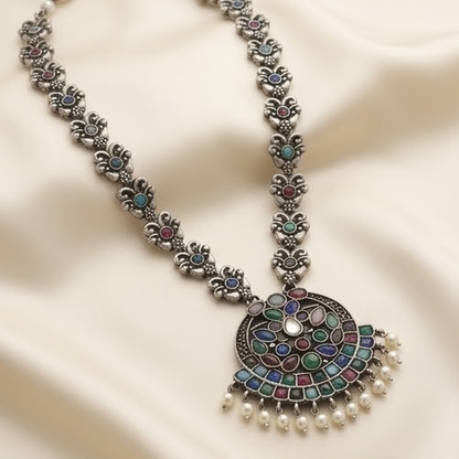 DIVYORO MULTI-COLORED GEMSTONE CIRCULAR PENDANT OXIDIZED SILVER NECKLACE