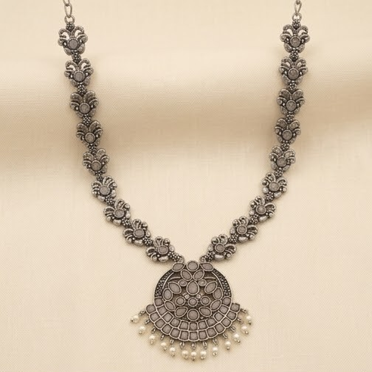 DIVYORO INTRICATE FILIGREE OXIDIZED SILVER NECKLACE WITH WHITE STONE ACCENTS