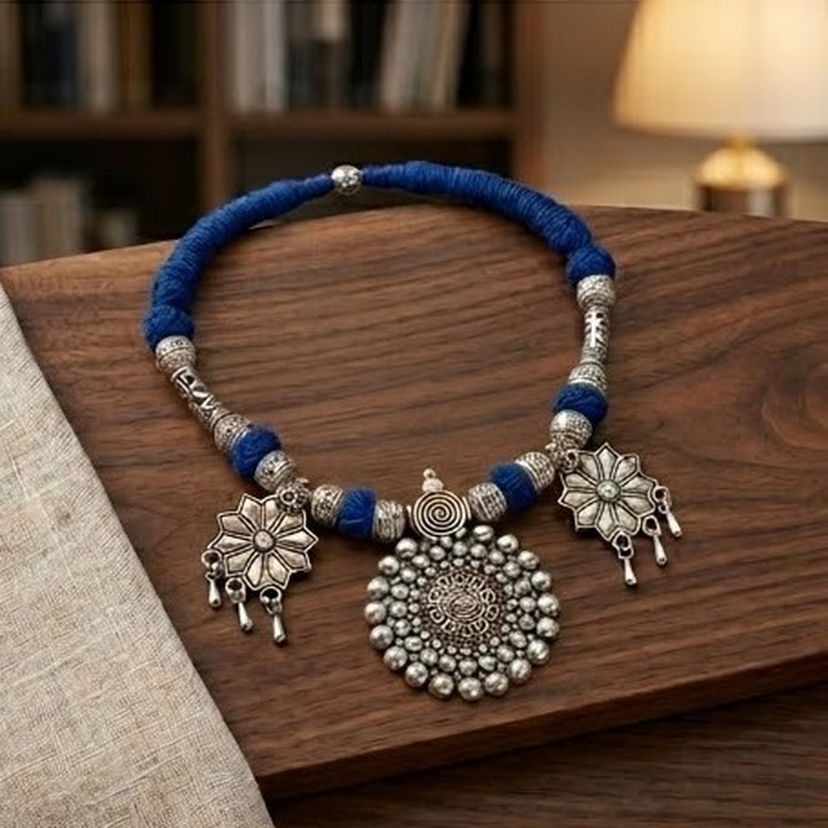 DIVYORO BOHO CHIC BLUE BEAD AND OXIDIZED SILVER FLORAL PENDANT NECKLACE