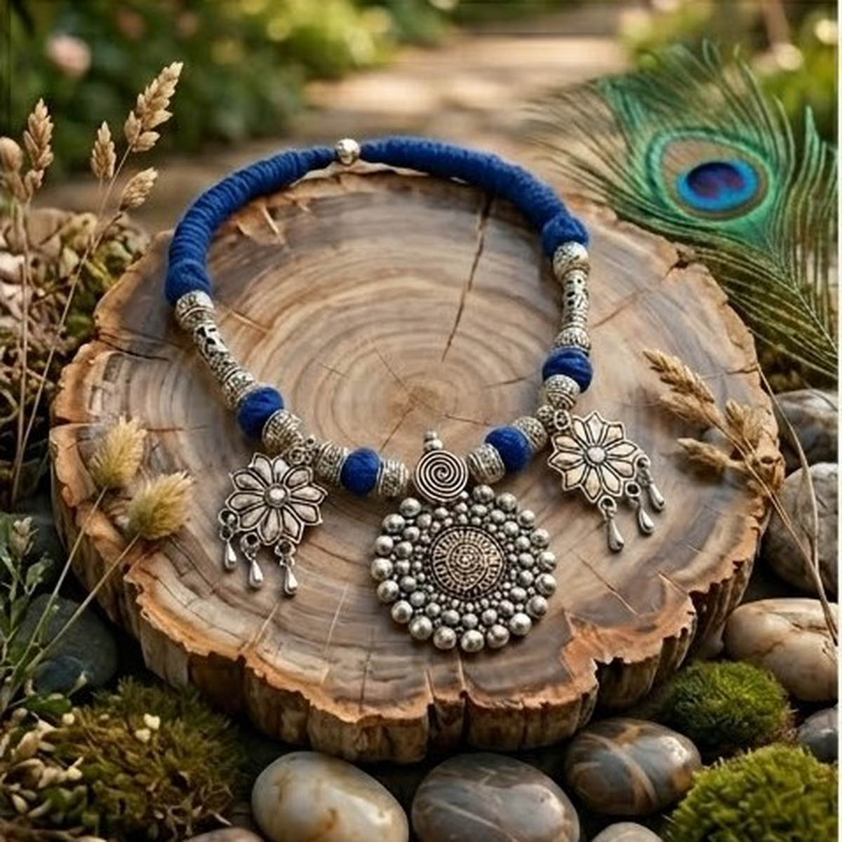 DIVYORO BOHO CHIC BLUE BEAD AND OXIDIZED SILVER FLORAL PENDANT NECKLACE