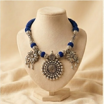 DIVYORO BOHO CHIC BLUE BEAD AND OXIDIZED SILVER FLORAL PENDANT NECKLACE