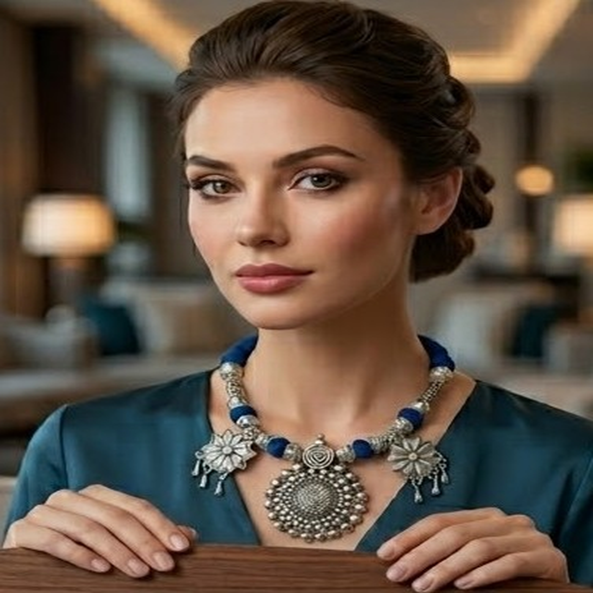 DIVYORO BOHO CHIC BLUE BEAD AND OXIDIZED SILVER FLORAL PENDANT NECKLACE