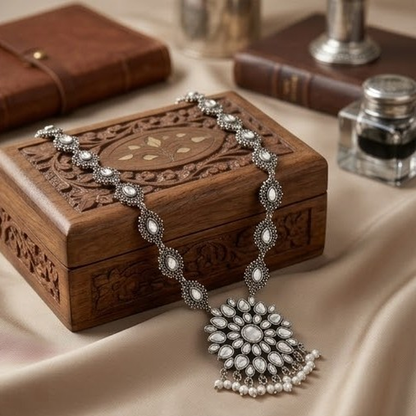 DIVYORO FLORAL MEDALLION OXIDIZED SILVER NECKLACE WITH PEARL DROPS