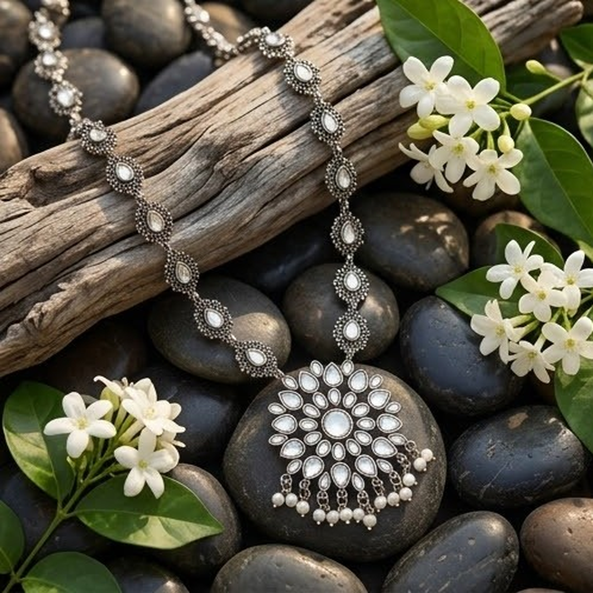DIVYORO FLORAL MEDALLION OXIDIZED SILVER NECKLACE WITH PEARL DROPS