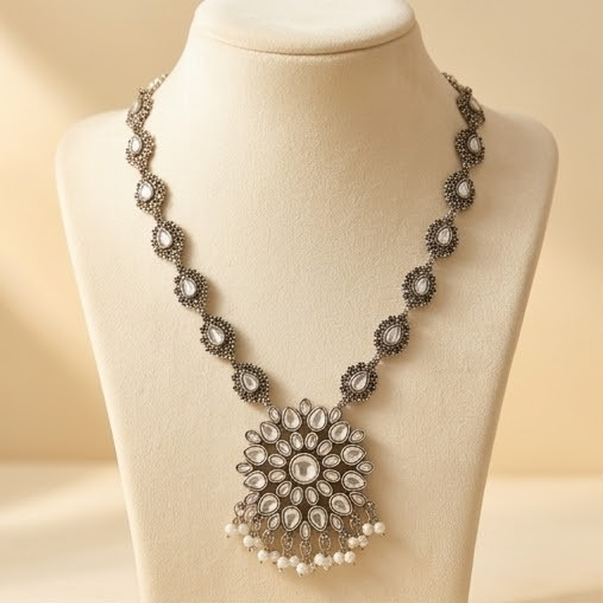 DIVYORO FLORAL MEDALLION OXIDIZED SILVER NECKLACE WITH PEARL DROPS