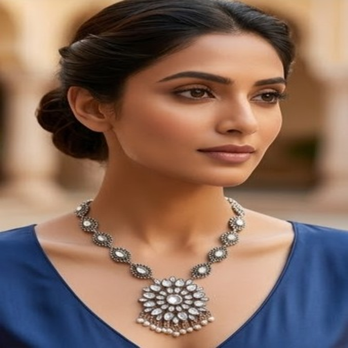 DIVYORO FLORAL MEDALLION OXIDIZED SILVER NECKLACE WITH PEARL DROPS
