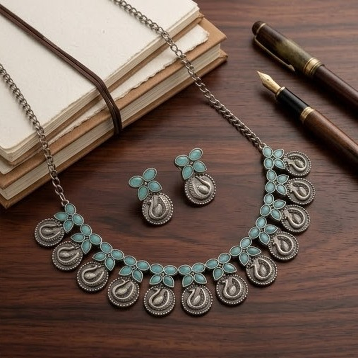 DIVYORO TURQUOISE PEACOCK LINK STATEMENT OXIDIZED NECKLACE