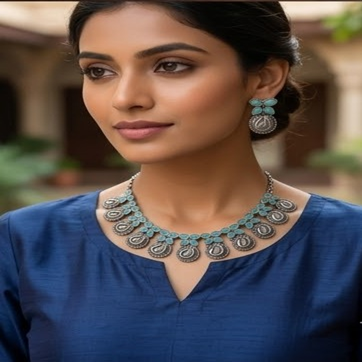 DIVYORO TURQUOISE PEACOCK LINK STATEMENT OXIDIZED NECKLACE