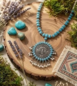 DIVYORO SUNBURST TURQUOISE STONE OXIDIZED NECKLACE