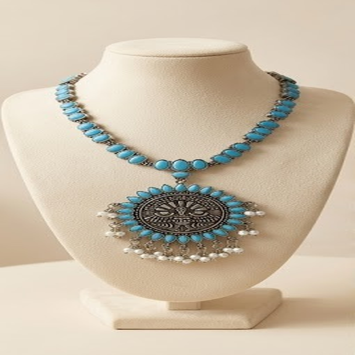 DIVYORO SUNBURST TURQUOISE STONE OXIDIZED NECKLACE