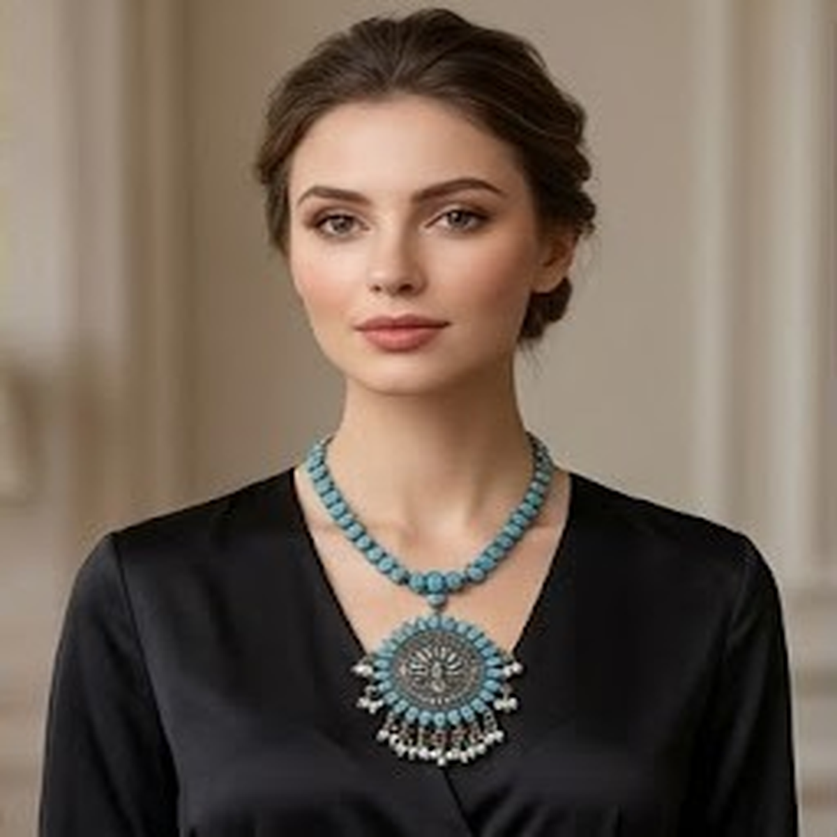 DIVYORO SUNBURST TURQUOISE STONE OXIDIZED NECKLACE