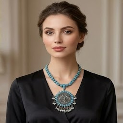 DIVYORO SUNBURST TURQUOISE STONE OXIDIZED NECKLACE