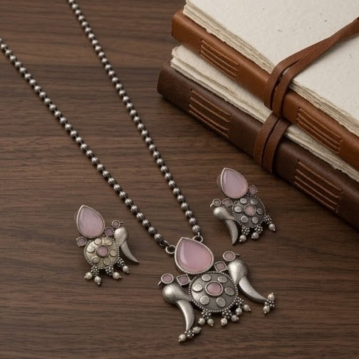 DIVYORO BLUSH TEARDROP MOTIF OXIDIZED SILVER NECKLACE AND EARRING SET