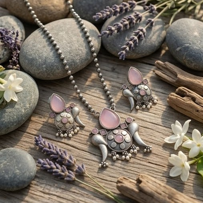 DIVYORO BLUSH TEARDROP MOTIF OXIDIZED SILVER NECKLACE AND EARRING SET
