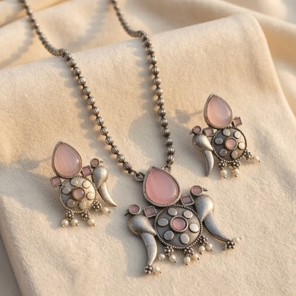 DIVYORO BLUSH TEARDROP MOTIF OXIDIZED SILVER NECKLACE AND EARRING SET
