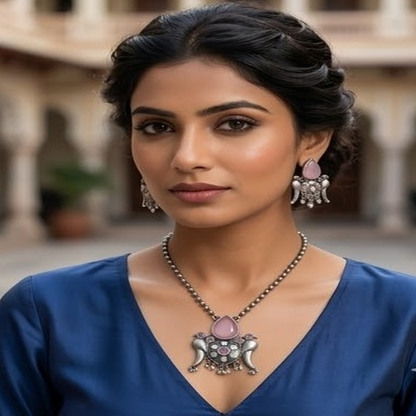 DIVYORO BLUSH TEARDROP MOTIF OXIDIZED SILVER NECKLACE AND EARRING SET