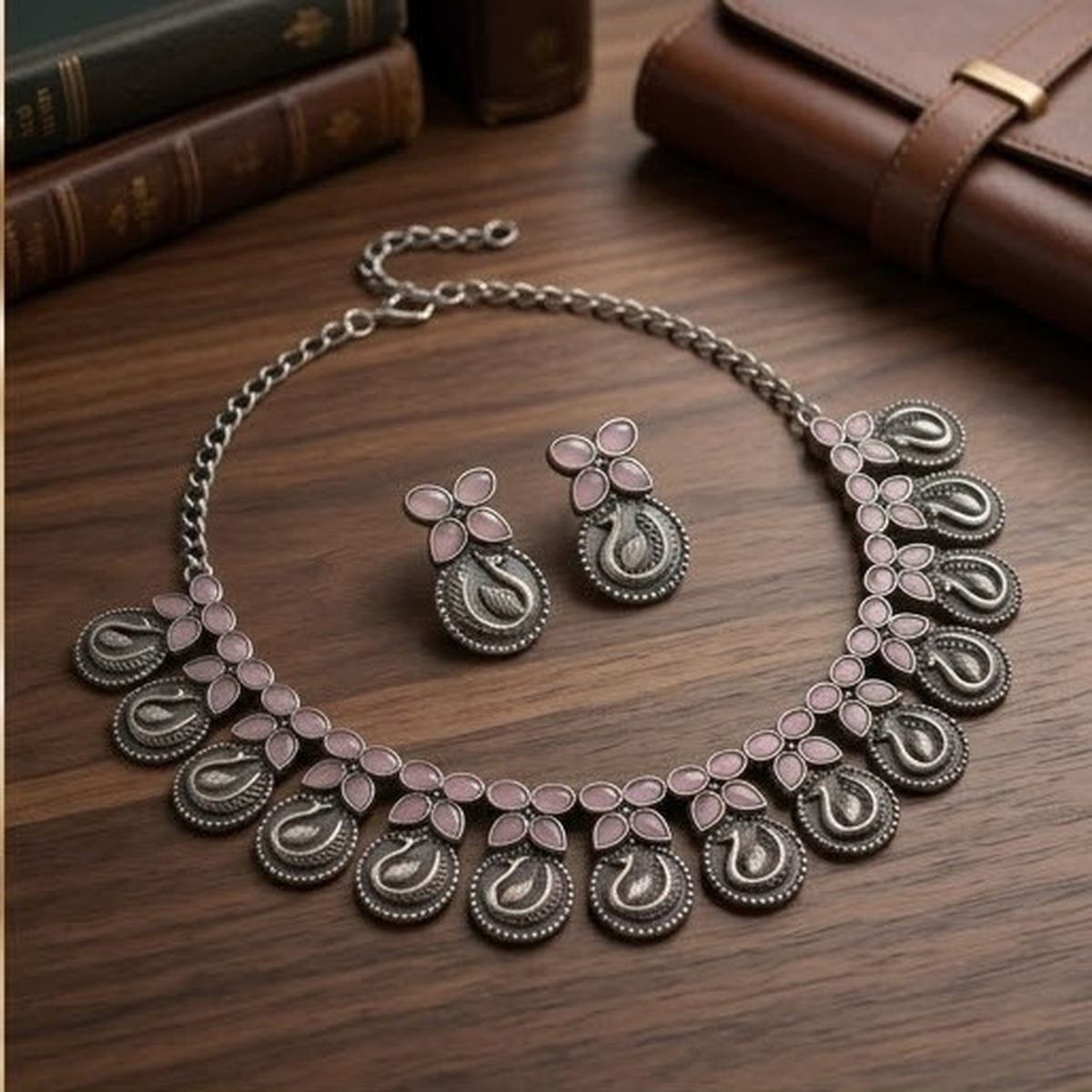 DIVYORO SOFT PINK PEACOCK LINK OXIDIZED SILVER NECKLACE