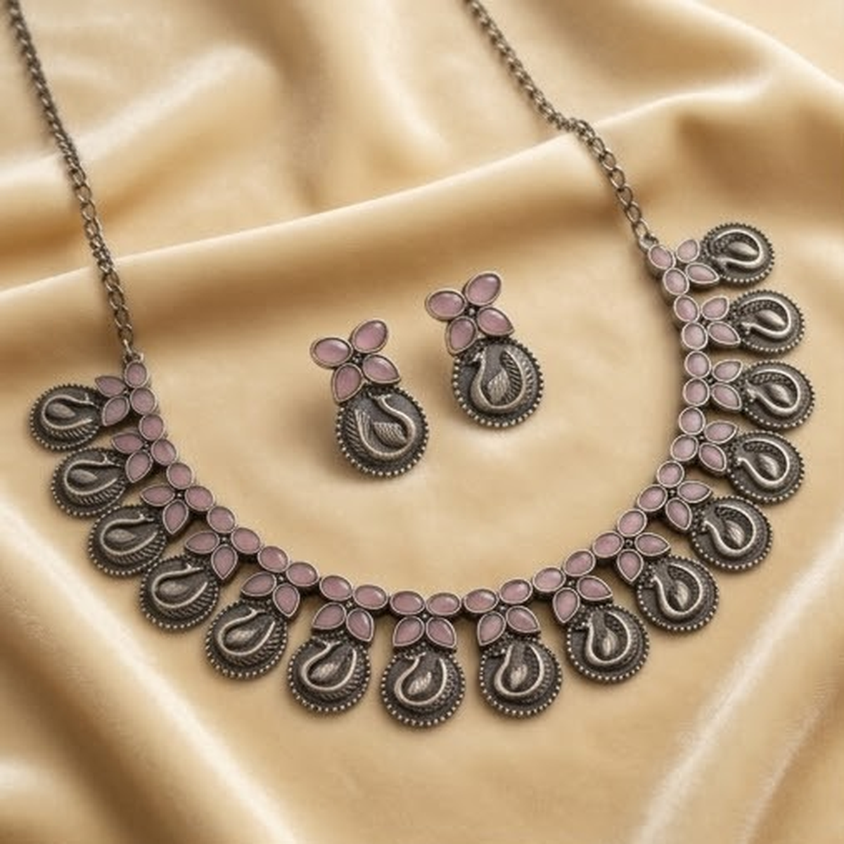 DIVYORO SOFT PINK PEACOCK LINK OXIDIZED SILVER NECKLACE