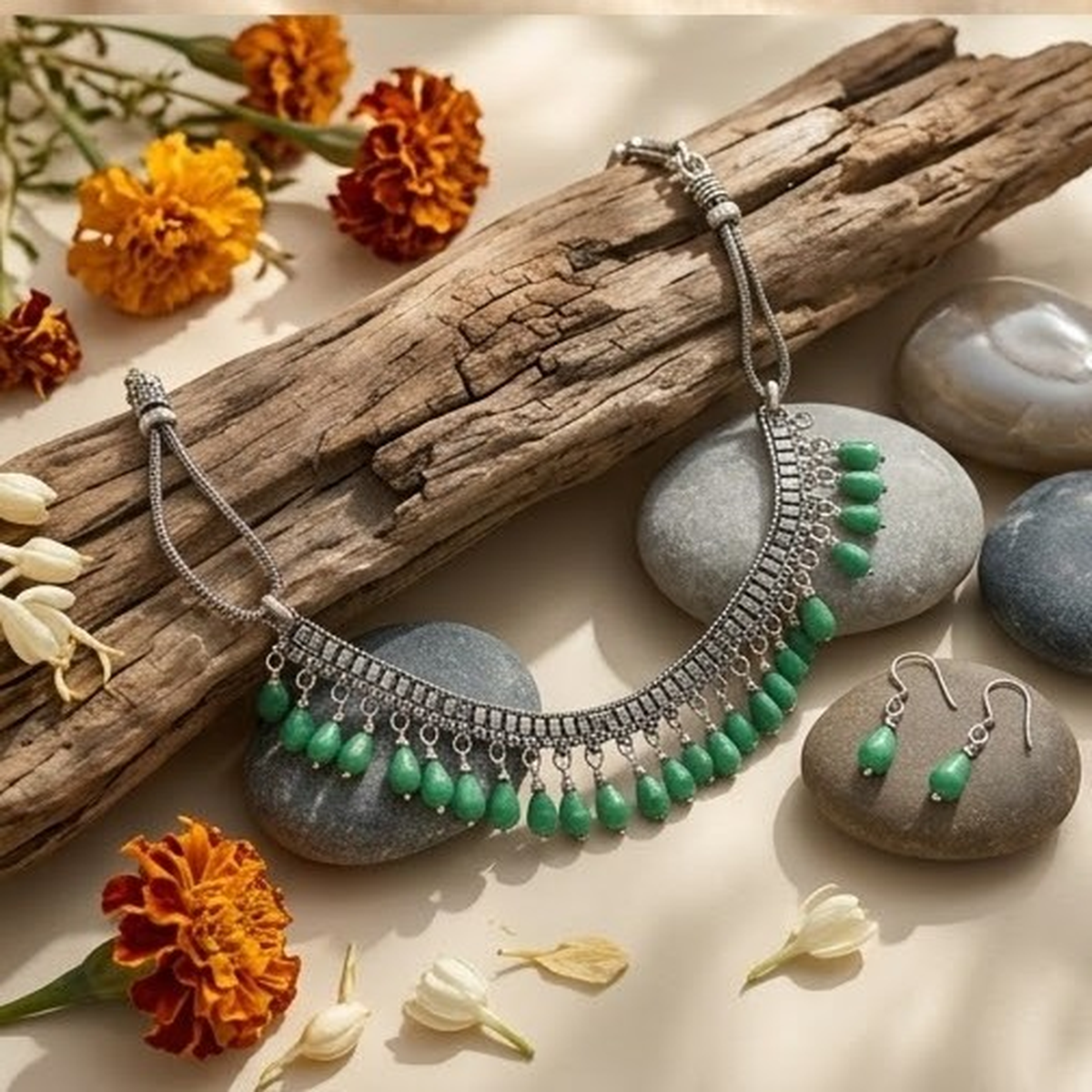 DIVYORO CASCADING GREEN DROP OXIDIZED CHOKER NECKLACE