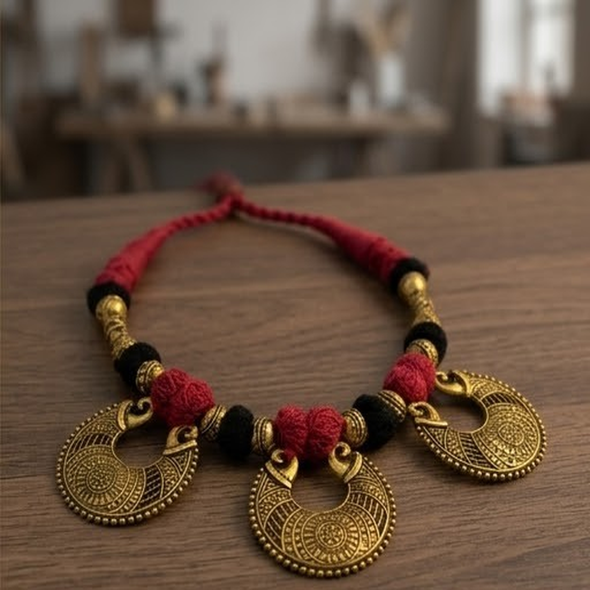 DIVYORO TRADITIONAL RED AND BLACK FABRIC CORD NECKLACE WITH METALLIC DROPS