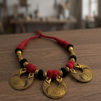 DIVYORO TRADITIONAL RED AND BLACK FABRIC CORD NECKLACE WITH METALLIC DROPS