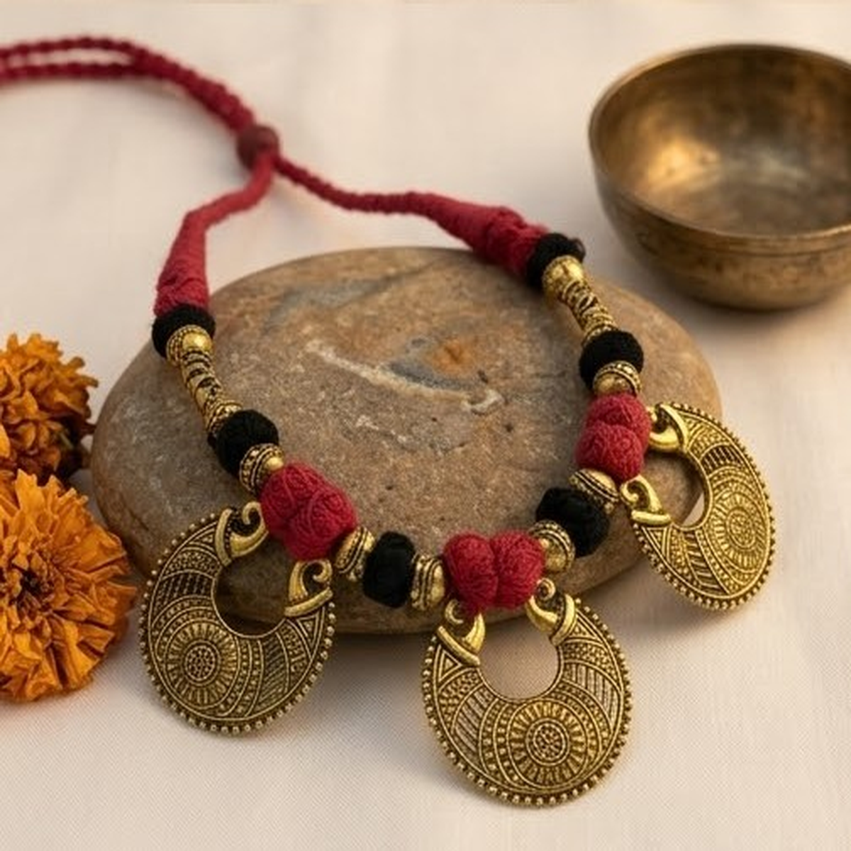 DIVYORO TRADITIONAL RED AND BLACK FABRIC CORD NECKLACE WITH METALLIC DROPS