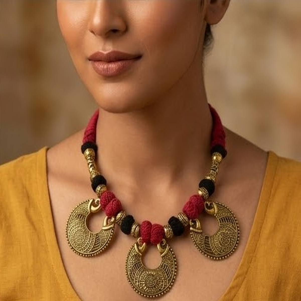 DIVYORO TRADITIONAL RED AND BLACK FABRIC CORD NECKLACE WITH METALLIC DROPS