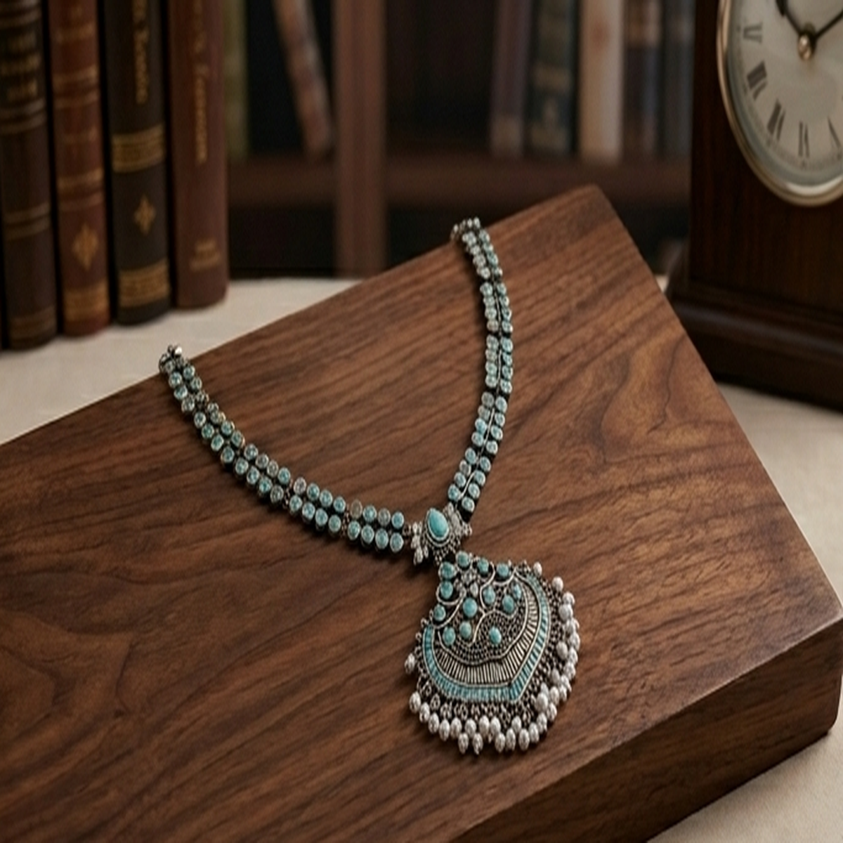 DIVYORO ORNATE BLUE STONE TEARDROP PENDANT NECKLACE