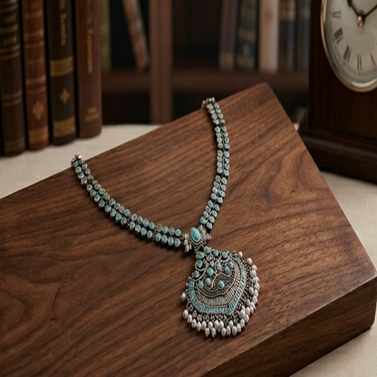 DIVYORO ORNATE BLUE STONE TEARDROP PENDANT NECKLACE